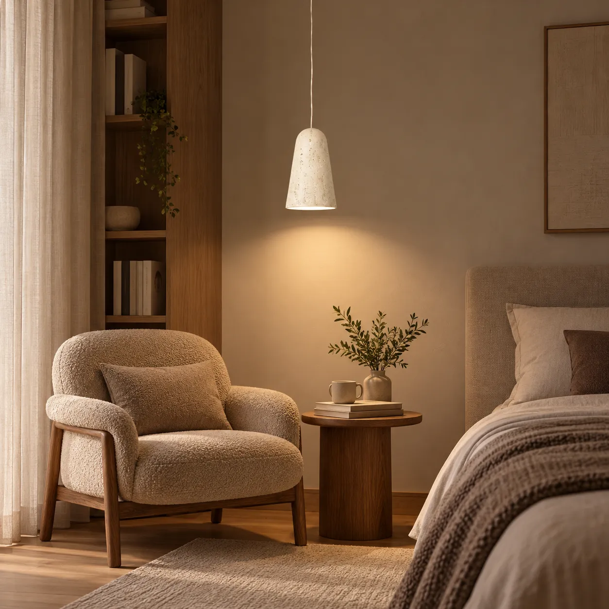 Yellow travertine pendant beside a bed