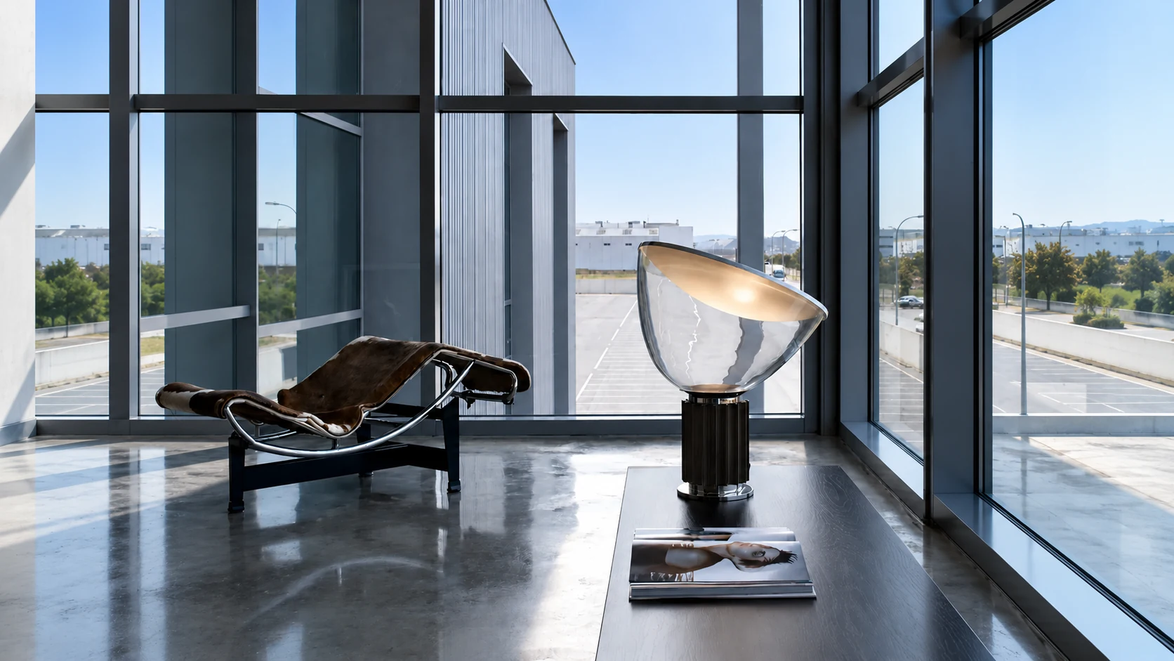 Lampe de table en bol argenté sur une table basse près d’une fenêtre