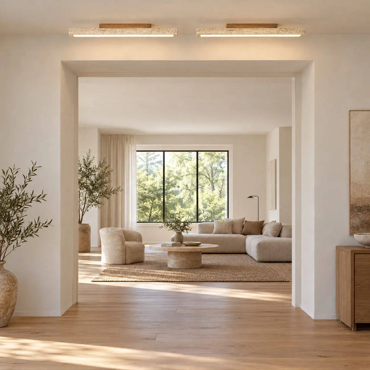 Doorway to the living room, stone linear ceiling light