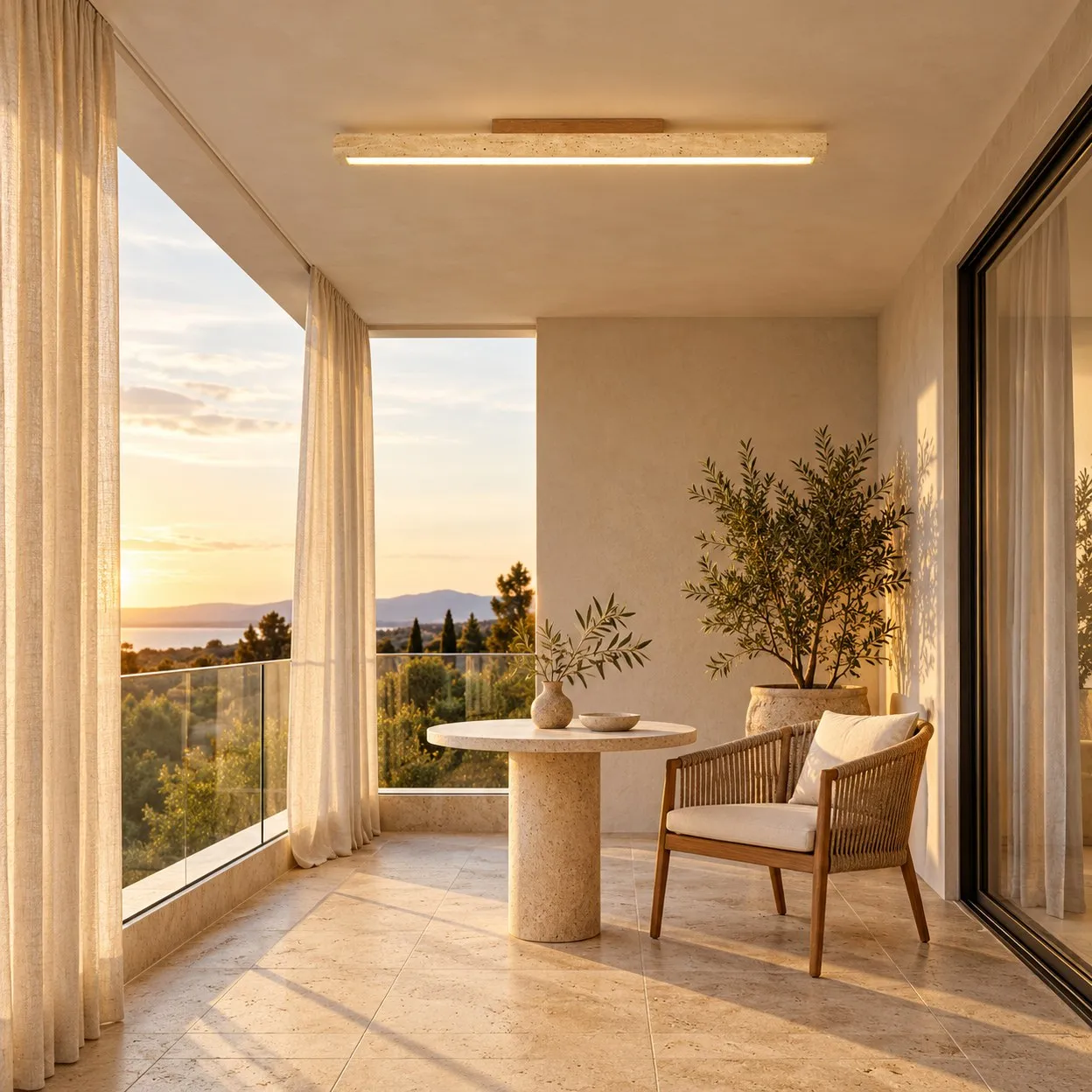Balcony with one stone linear ceiling light