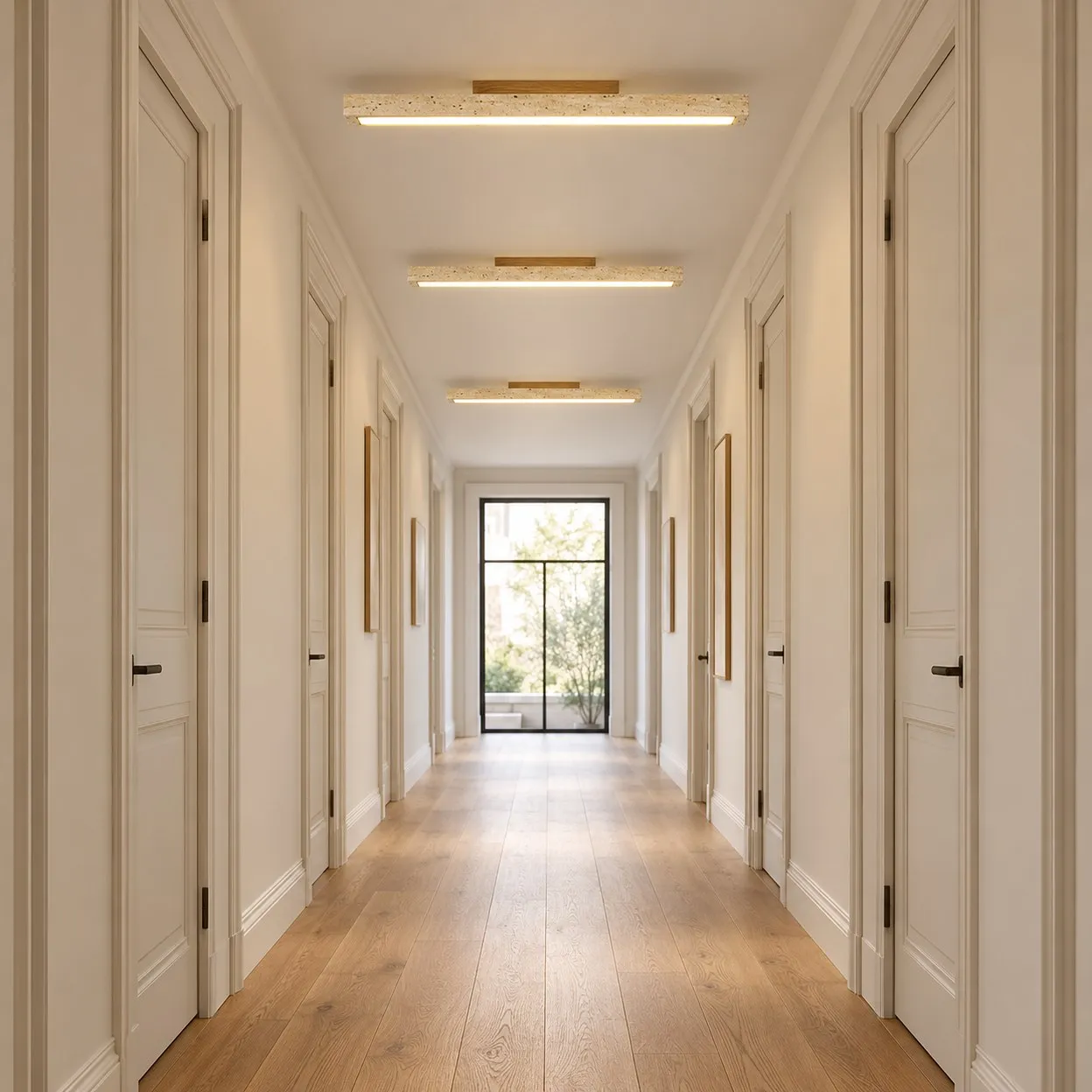Paneled corridor with three stone linear ceiling lights