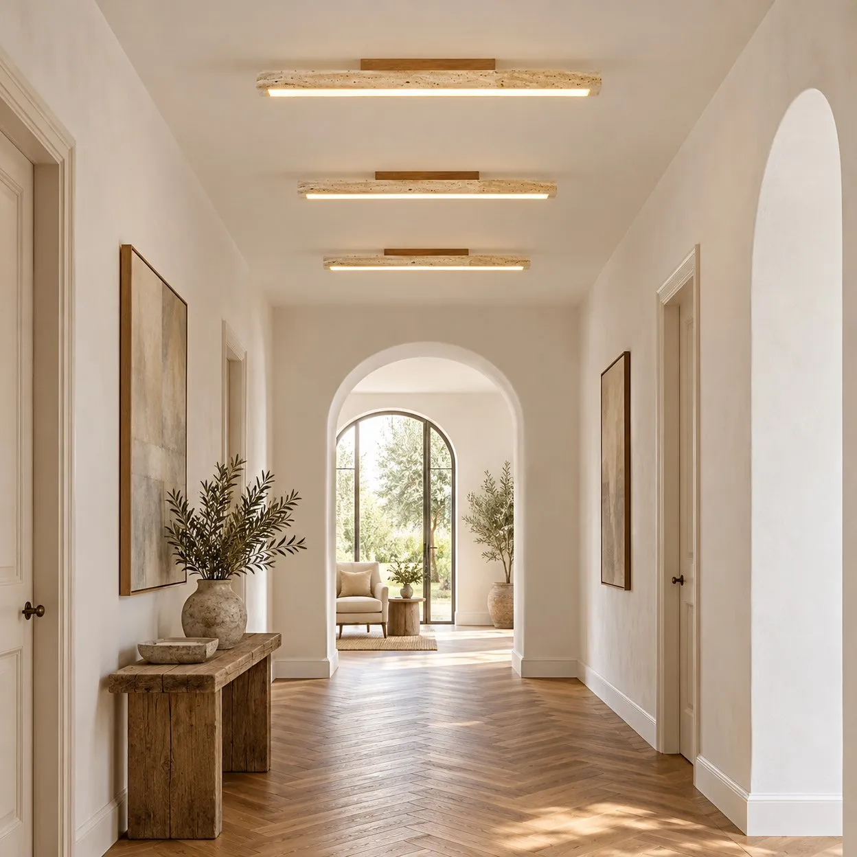 Arched hallway with three stone linear ceiling lights