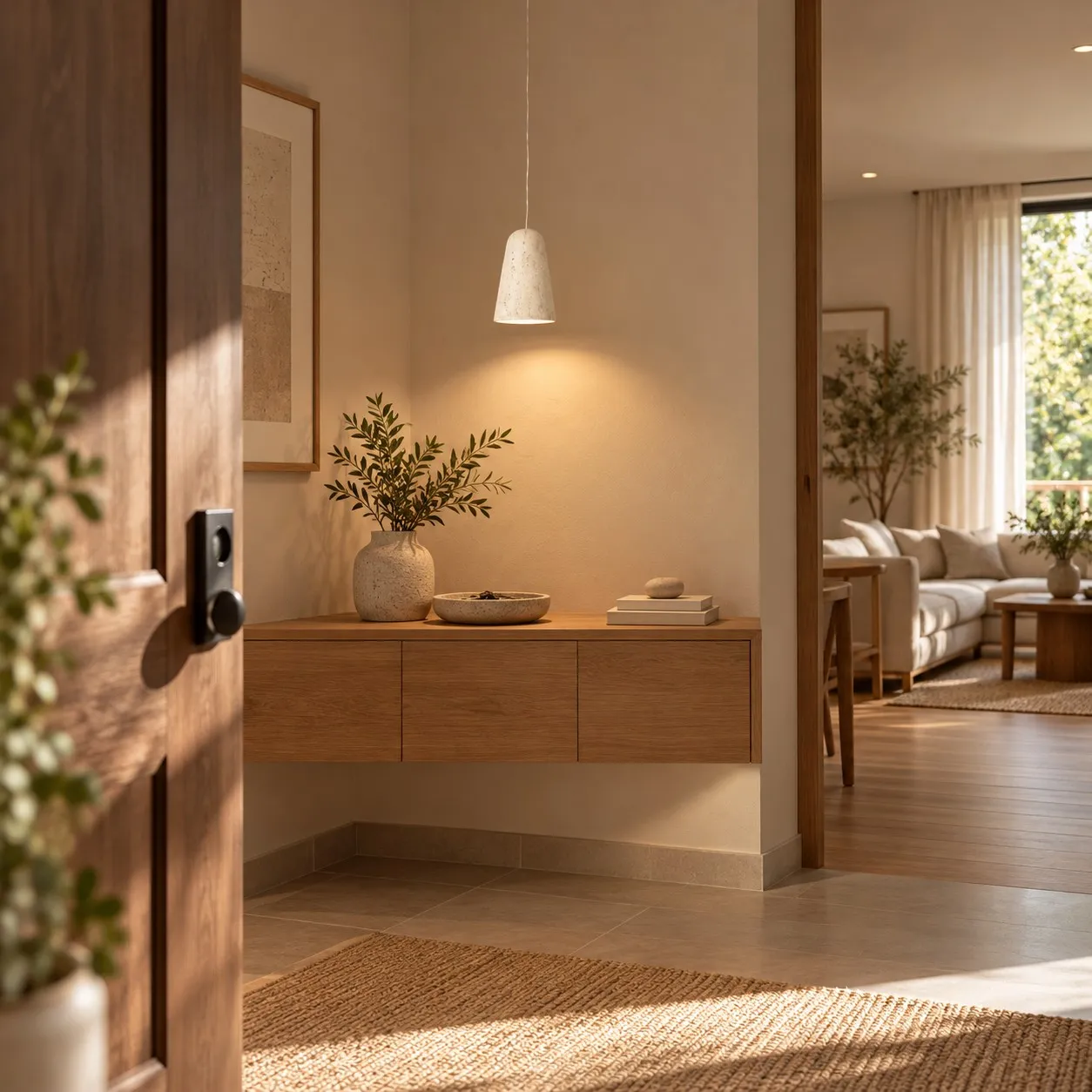 Yellow travertine pendant in an entry