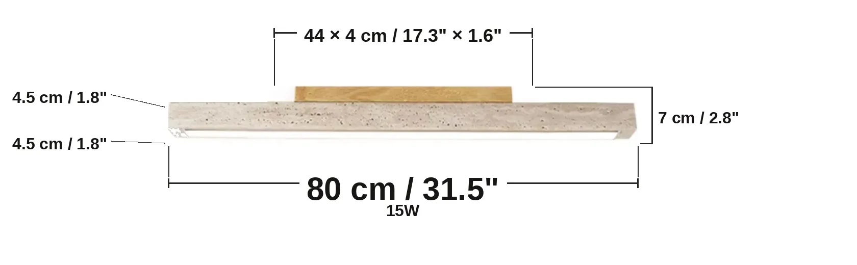 Schéma de dimensions du plafonnier linéaire en pierre, 80 cm
