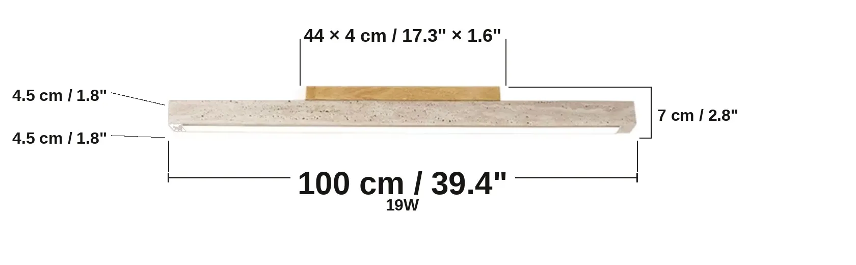 Schéma de dimensions du plafonnier linéaire en pierre, 100 cm