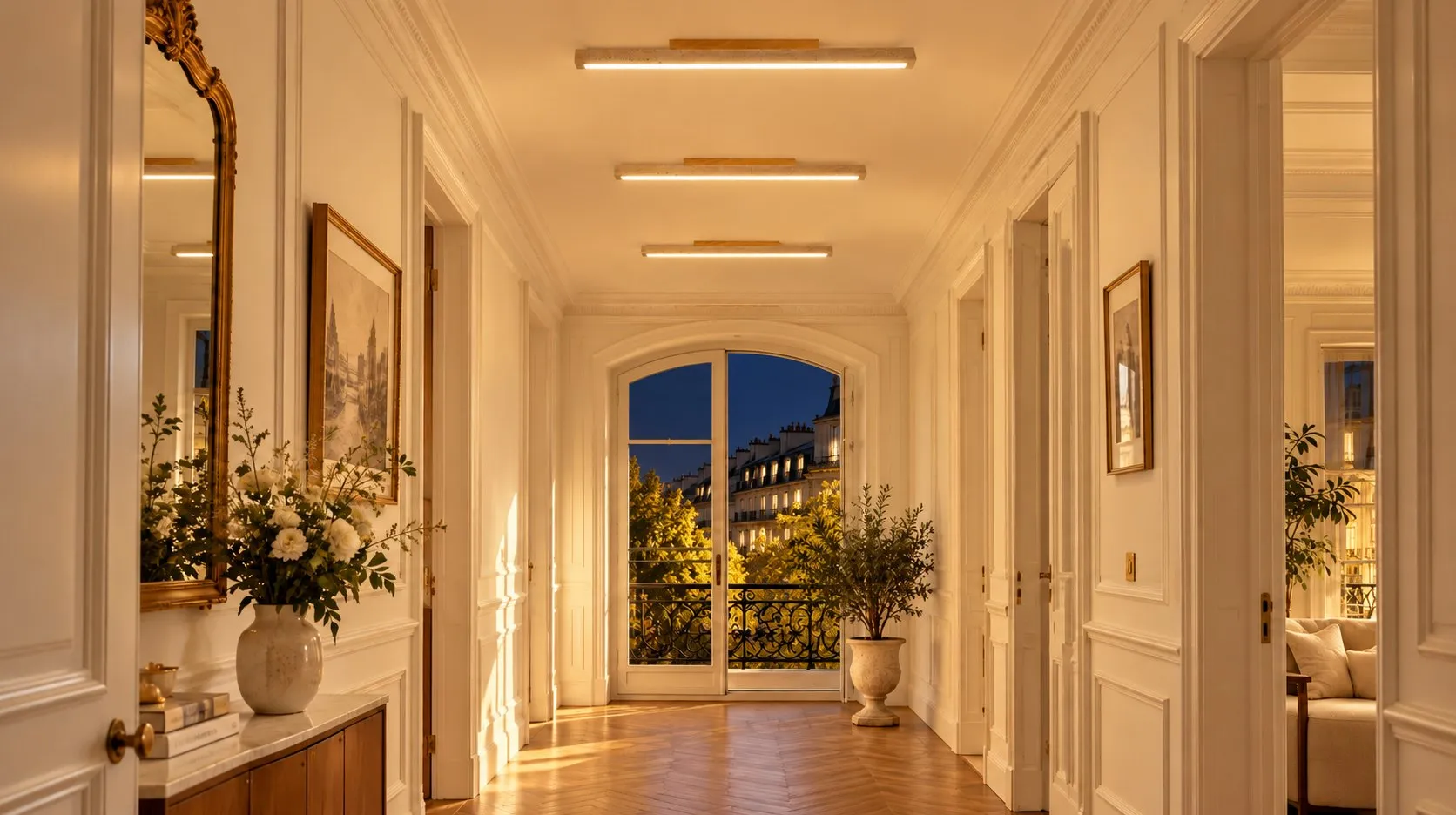 Night hallway, stone ceiling lights on