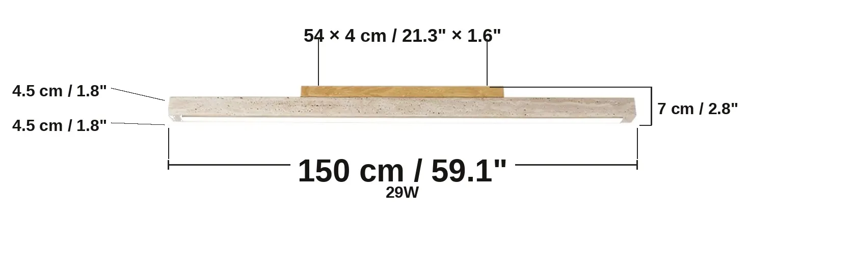 Schéma de dimensions du plafonnier linéaire en pierre, 150 cm