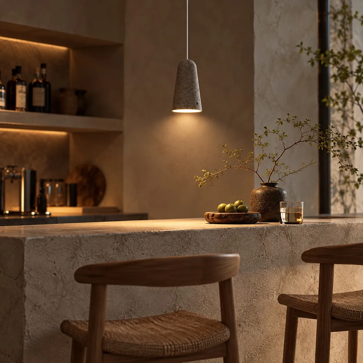 Black travertine pendant over a kitchen counter