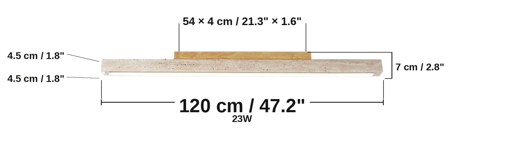 Schéma de dimensions du plafonnier linéaire en pierre, 120 cm